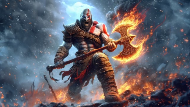 Kratos holding Axe on fire