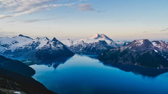 Blue lake surrounded by Snow-covered mountains