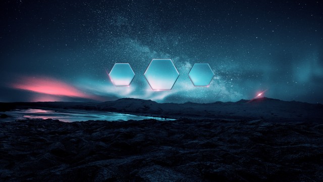 Digital art of Hexagons, Mountains, Stars, Aurora borealis
