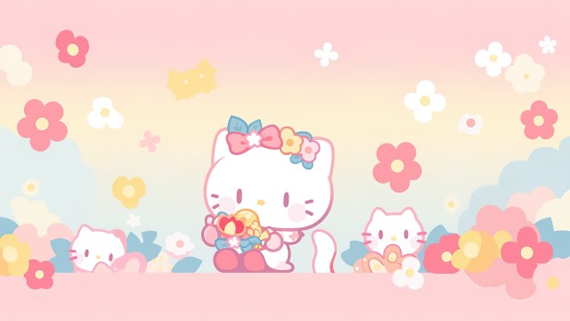 Cute hello kitties Floral Background