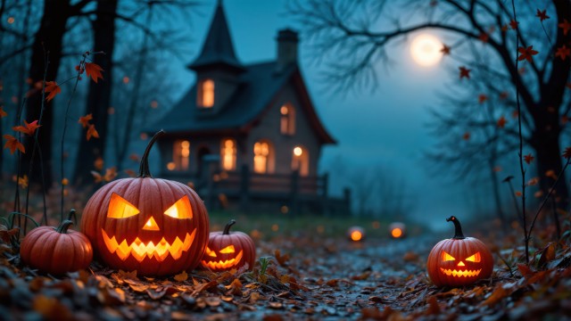 Haunted house Halloween pumpkins